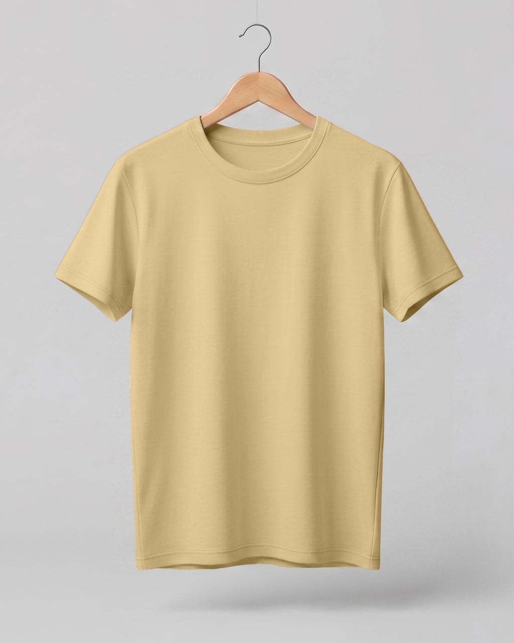 Beige plain half sleeve round neck t-shirt made from premium cotton, 180 GSM red label yarn, biowashed for softness and durability.