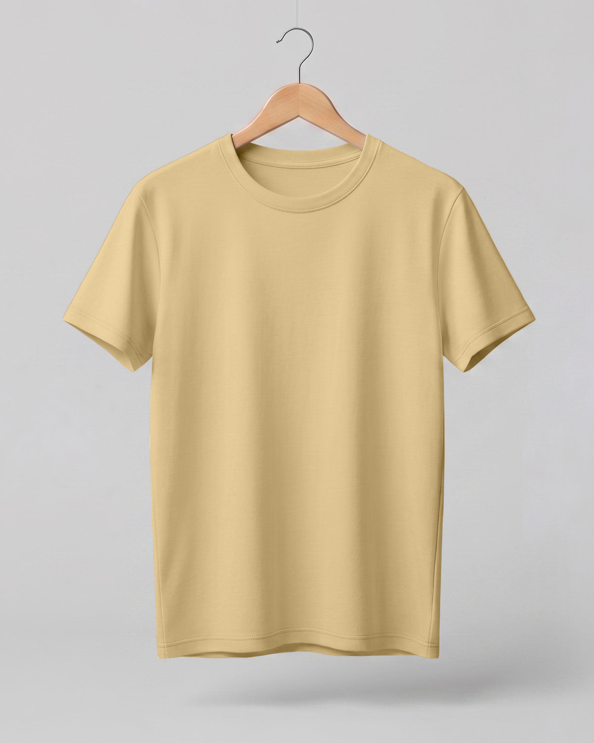 Beige plain half sleeve round neck t-shirt made from premium cotton, 180 GSM red label yarn, biowashed for softness and durability.