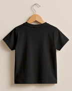 Black plain cotton kids half sleeve round neck t-shirt made from premium cotton, 180 GSM fabric, biowashed for softness and durability.