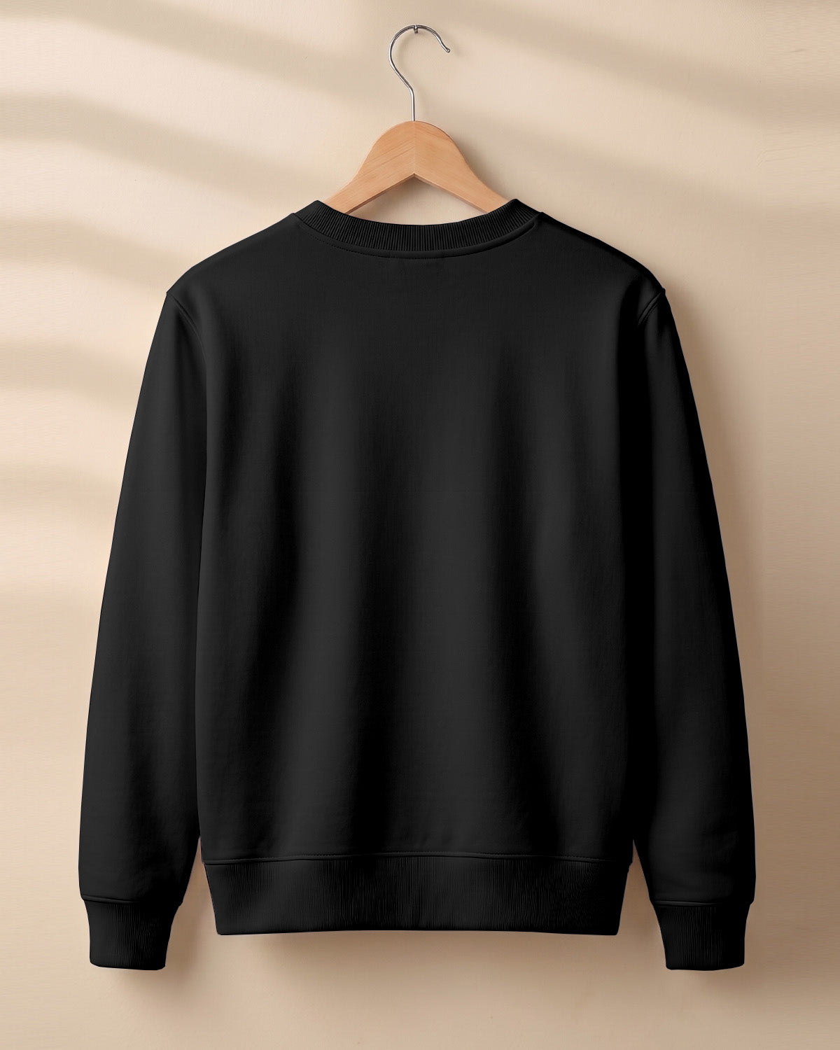 Black plain solid sweatshirt regular fit made from 320 GSM cotton fleece, bio‑washed & pre‑shrunk, with derby ribbed hem & cuffs.