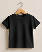Black plain cotton kids half sleeve round neck t-shirt made from premium cotton, 180 GSM fabric, biowashed for softness and durability.
