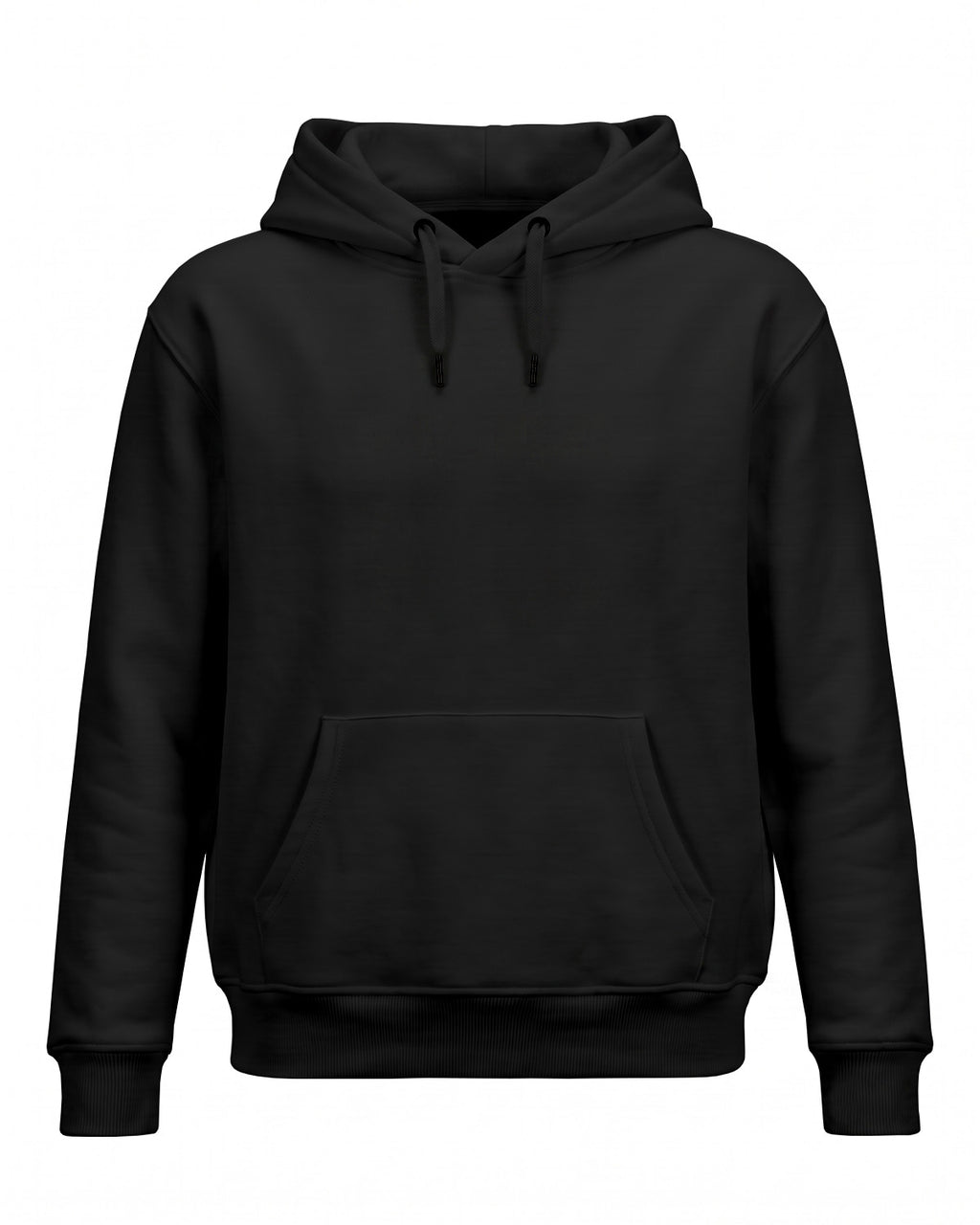 Black plain solid regular hoodie made from premium cotton fleece, 320 GSM, bio-washed and pre-shrunk for warmth and comfort.
