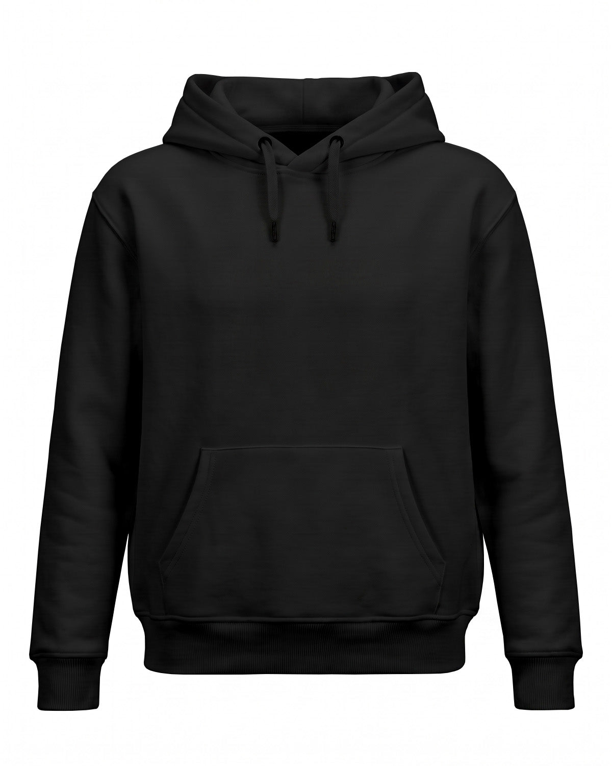 Black plain solid regular hoodie made from premium cotton fleece, 320 GSM, bio-washed and pre-shrunk for warmth and comfort.
