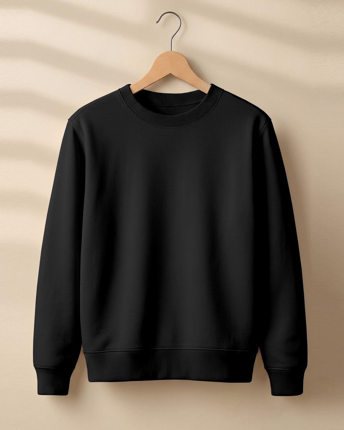 Black plain solid sweatshirt regular fit made from 320 GSM cotton fleece, bio‑washed & pre‑shrunk, with derby ribbed hem & cuffs.