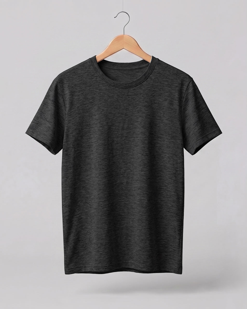 Charcoal Grey plain half sleeve round neck t-shirt made from premium cotton, 180 GSM red label yarn, biowashed for softness and durability.