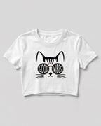 Graphic crop top featuring Good Vibes typography and cat with sunglasses design on cotton fabric