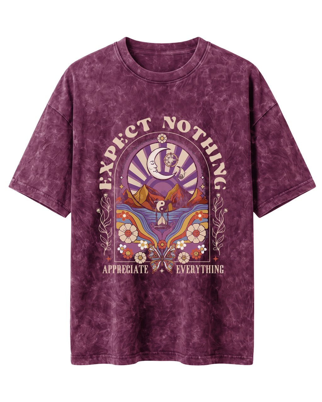 Oversized unisex acid washed t-shirt featuring “Expect Nothing” motivational typography print, crafted from 220 GSM cotton.