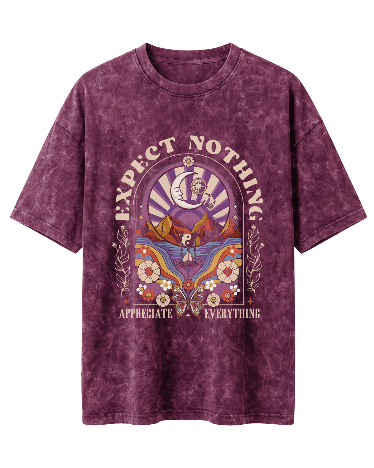 Oversized unisex acid washed t-shirt featuring “Expect Nothing” motivational typography print, crafted from 220 GSM cotton.