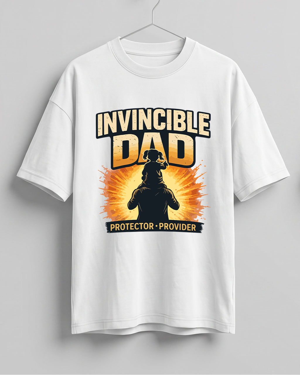Oversized unisex t-shirt with “Invincible Dad Protector Provider” typography print, crafted from 220 GSM cotton, bio‑washed and pre‑shrunk.