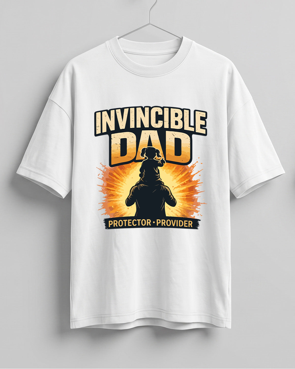 Oversized unisex t-shirt with “Invincible Dad Protector Provider” typography print, crafted from 220 GSM cotton, bio‑washed and pre‑shrunk.