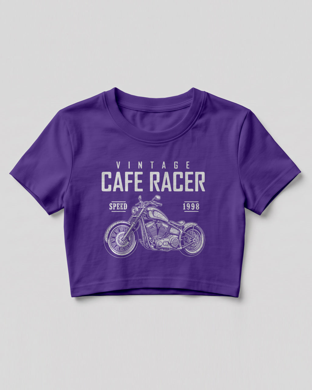 Xenovaurban crop top featuring a vintage cafe racer motorcycle illustration with retro racing-inspired typography