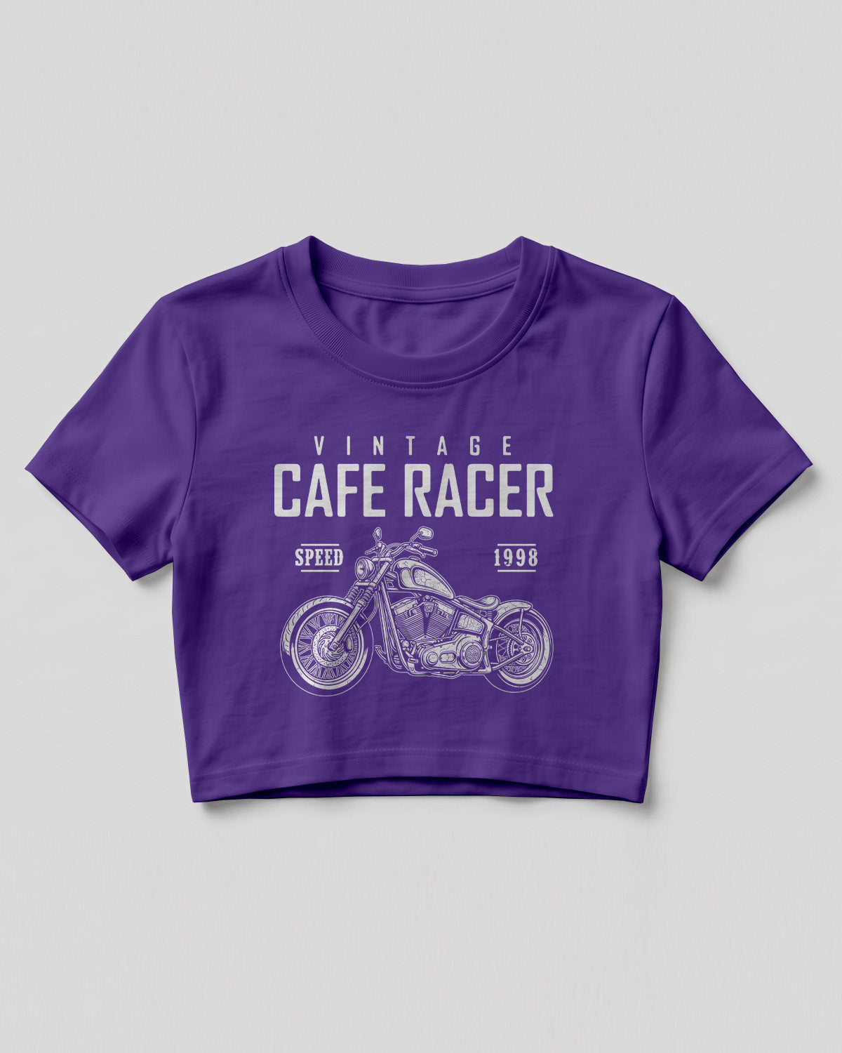 Xenovaurban crop top featuring a vintage cafe racer motorcycle illustration with retro racing-inspired typography