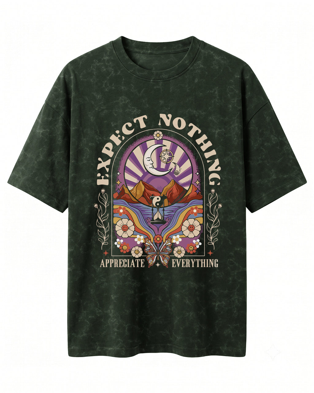 Oversized unisex acid washed t-shirt featuring “Expect Nothing” motivational typography print, crafted from 220 GSM cotton.