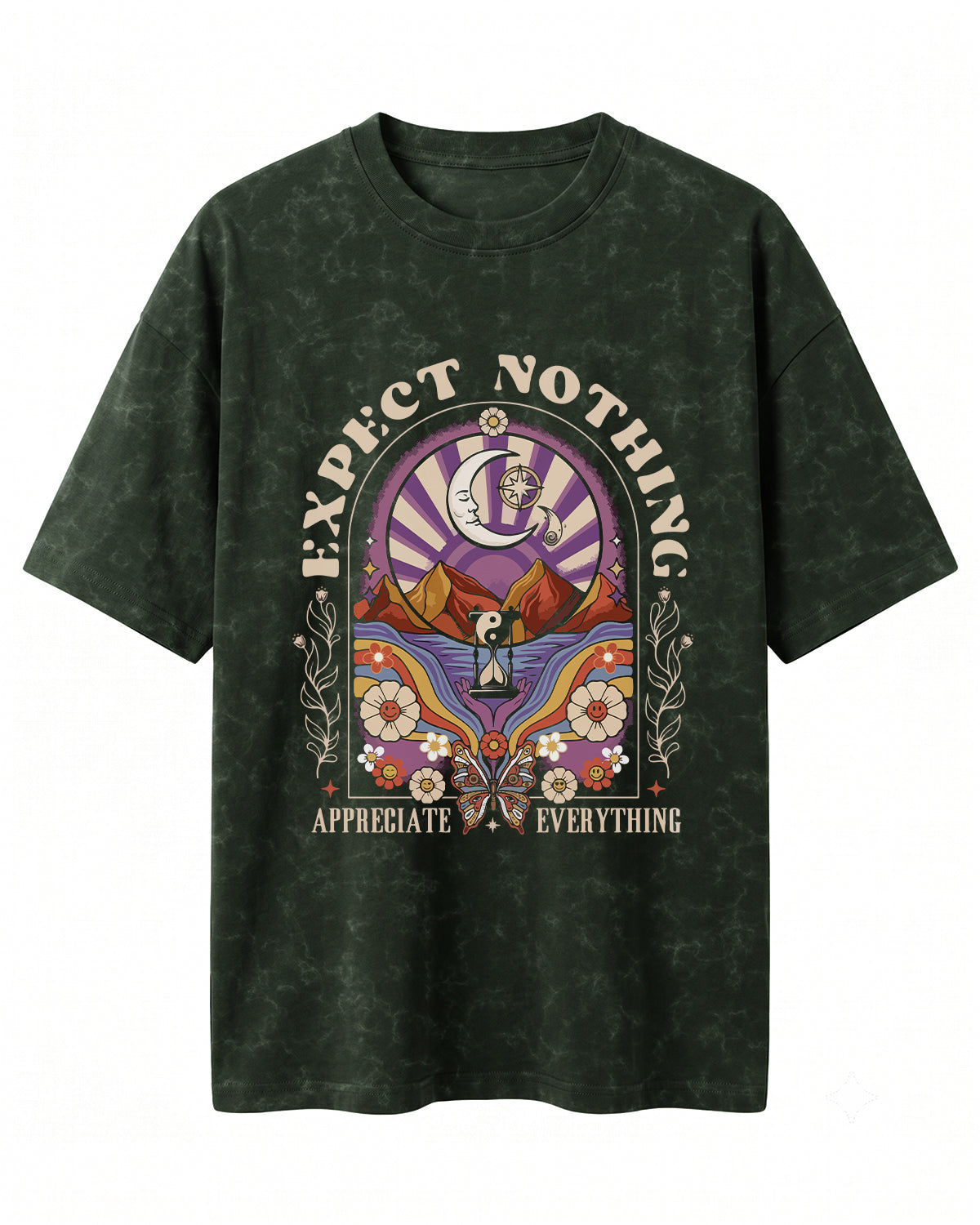 Oversized unisex acid washed t-shirt featuring “Expect Nothing” motivational typography print, crafted from 220 GSM cotton.