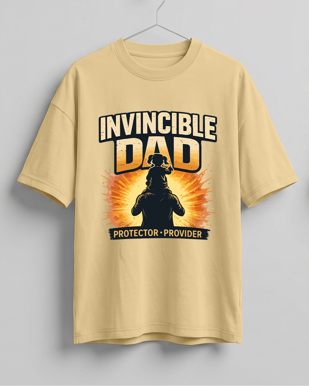 Oversized unisex t-shirt with “Invincible Dad Protector Provider” typography print, crafted from 220 GSM cotton, bio‑washed and pre‑shrunk.
