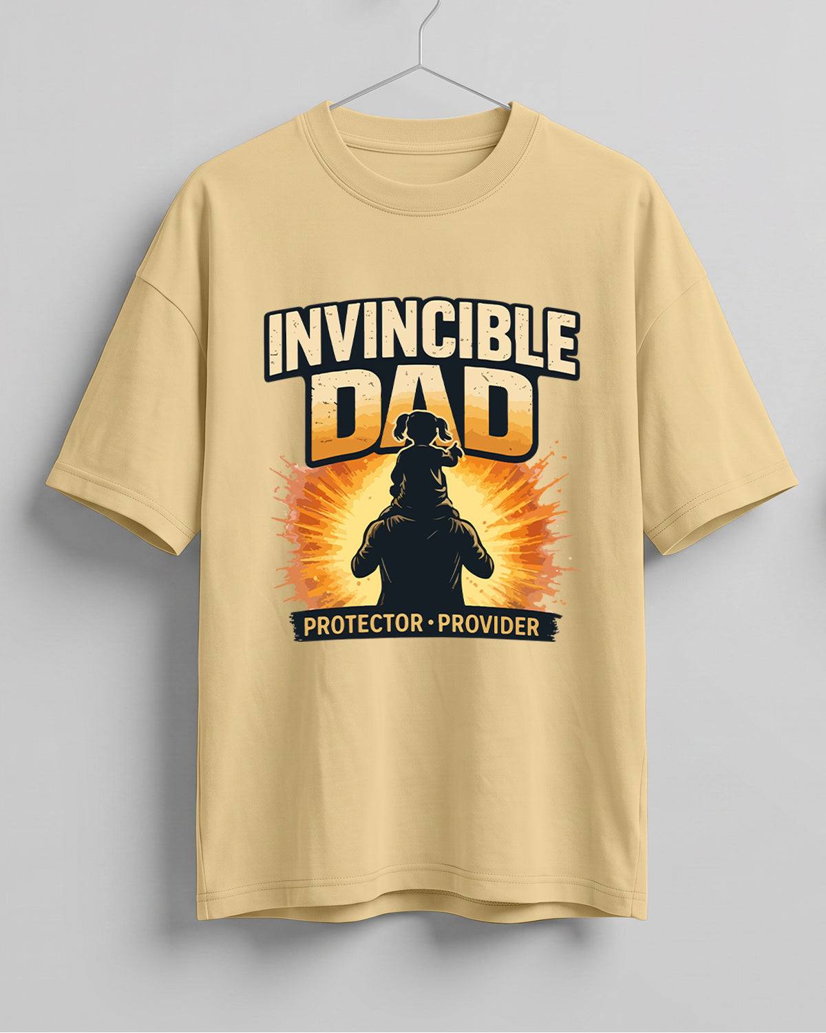 Oversized unisex t-shirt with “Invincible Dad Protector Provider” typography print, crafted from 220 GSM cotton, bio‑washed and pre‑shrunk.