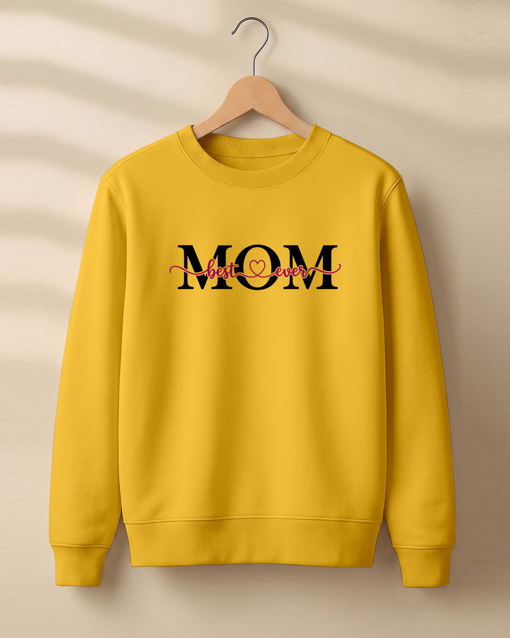 Mom Best Ever graphic sweatshirt with pink script lettering