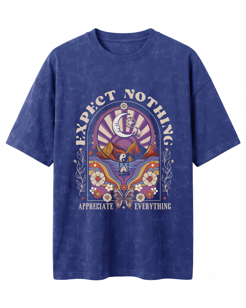 Oversized unisex acid washed t-shirt featuring “Expect Nothing” motivational typography print, crafted from 220 GSM cotton.