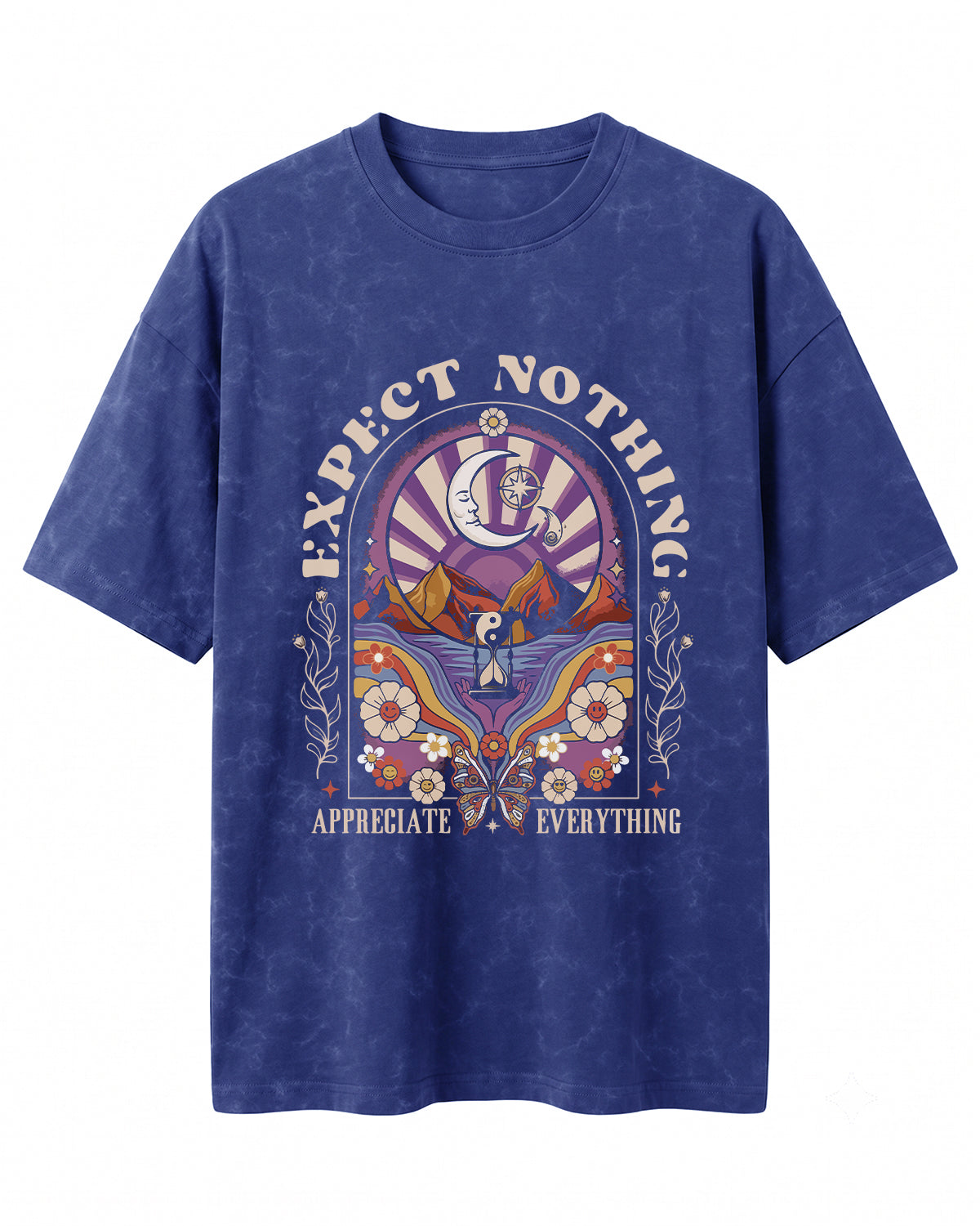 Oversized unisex acid washed t-shirt featuring “Expect Nothing” motivational typography print, crafted from 220 GSM cotton.