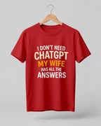 Xenovaurban navy blue funny quote T-shirt featuring “I Don’t Need ChatGPT, My Wife Has All the Answers” typography
