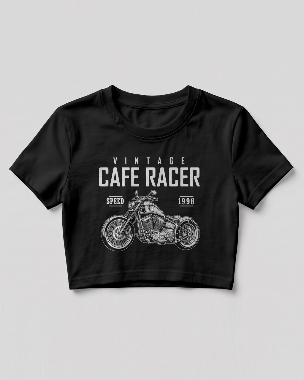 Xenovaurban crop top featuring a vintage cafe racer motorcycle illustration with retro racing-inspired typography