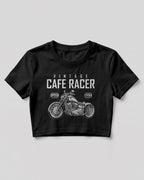 Xenovaurban crop top featuring a vintage cafe racer motorcycle illustration with retro racing-inspired typography