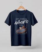 Motivational sports graphic half sleeve t-shirt featuring badminton racket and shuttlecock with “True Champion Authentic Born Original A Team Works Together” typography design on premium cotton fabric.