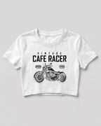 Xenovaurban crop top featuring a vintage cafe racer motorcycle illustration with retro racing-inspired typography