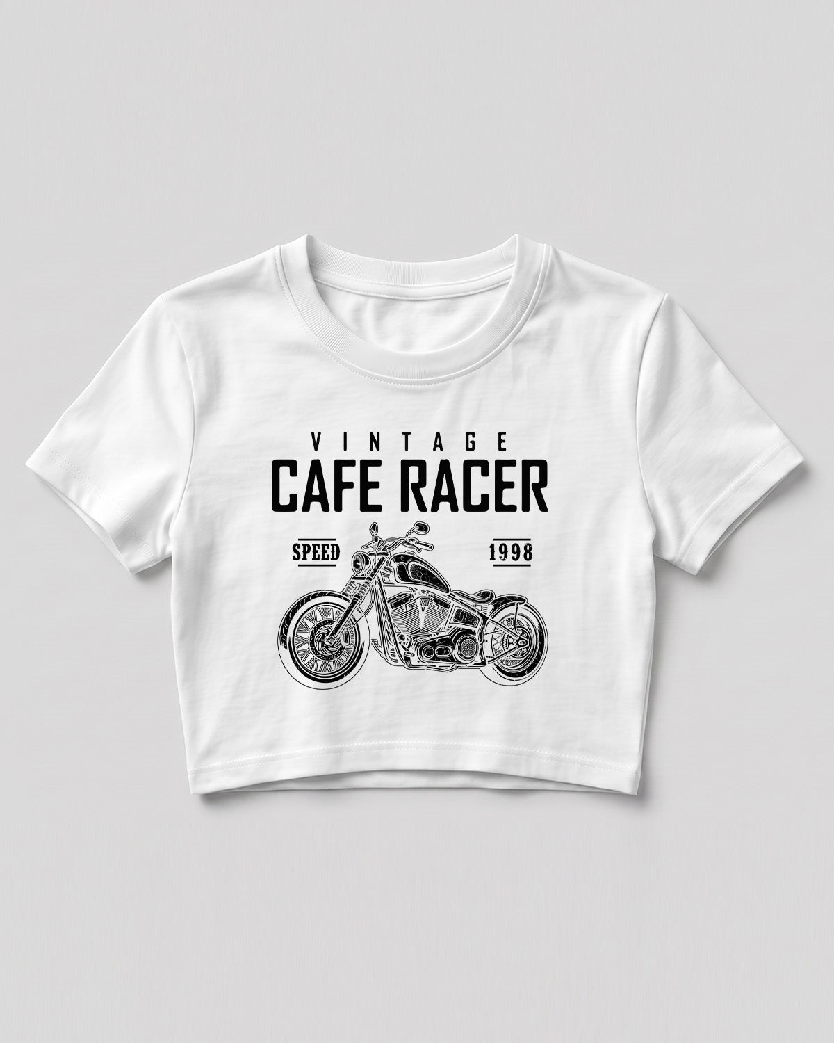 Xenovaurban crop top featuring a vintage cafe racer motorcycle illustration with retro racing-inspired typography