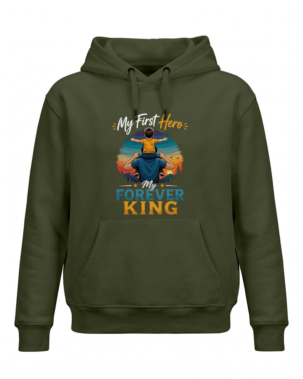 Xenovaurban graphic hoodie featuring father carrying his child on his shoulders illustration and “My First Hero, My Forever King” typography