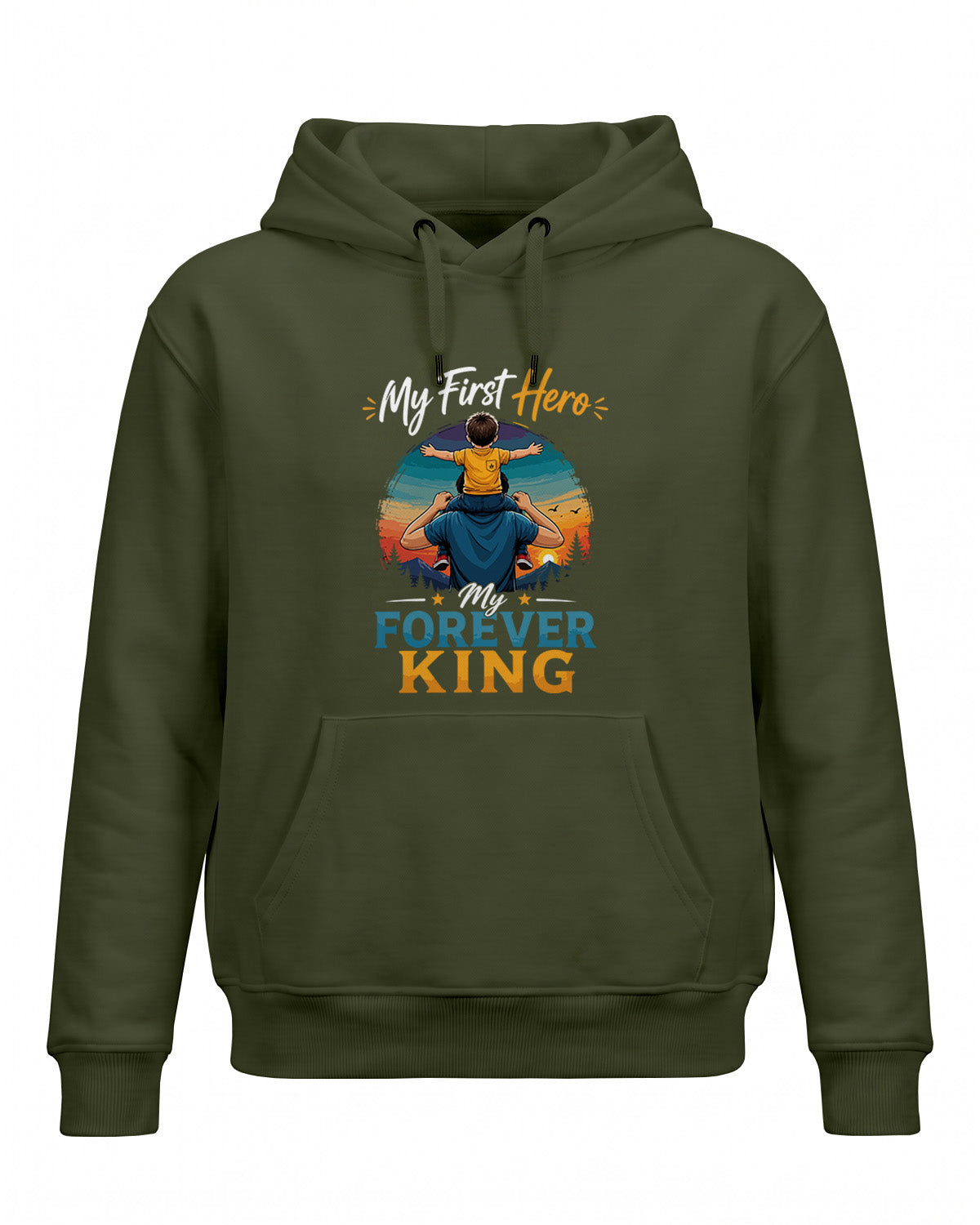 Xenovaurban graphic hoodie featuring father carrying his child on his shoulders illustration and “My First Hero, My Forever King” typography