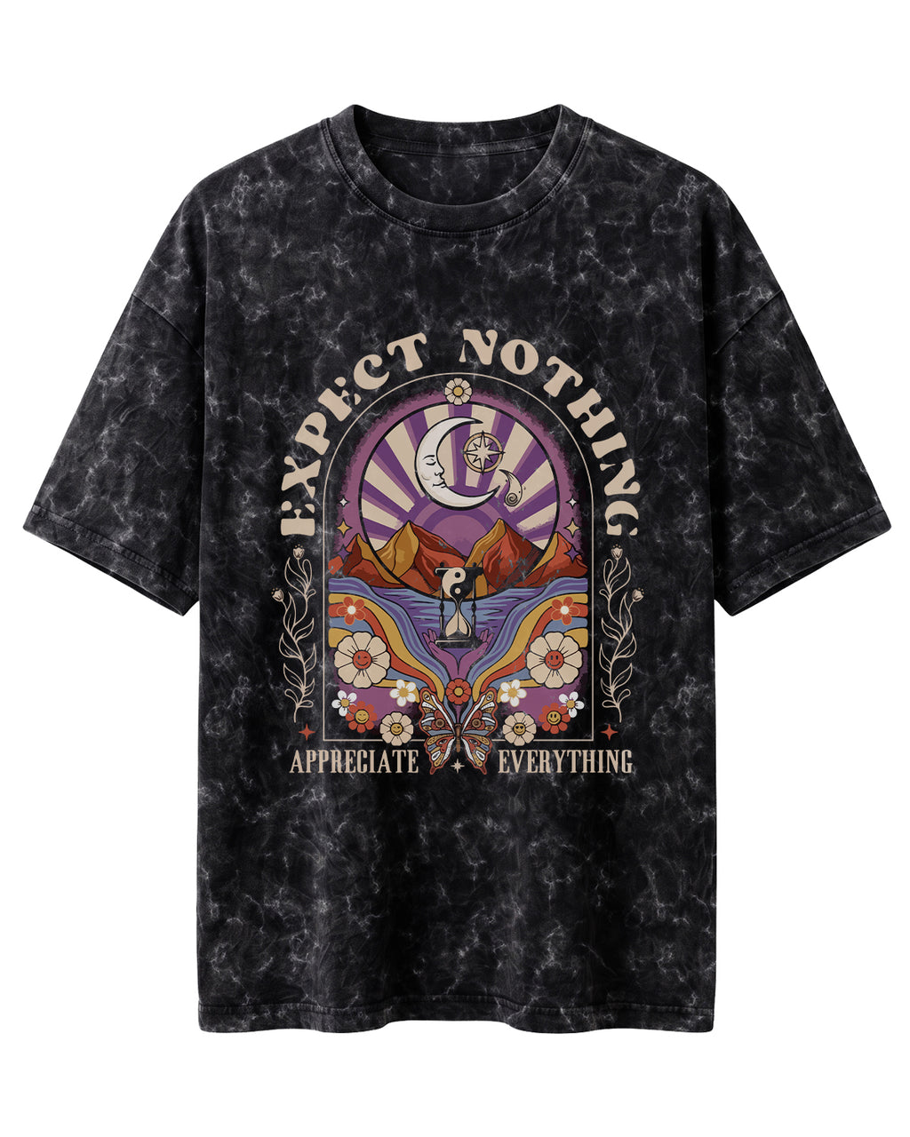 Oversized unisex acid washed t-shirt featuring “Expect Nothing” motivational typography print, crafted from 220 GSM cotton.