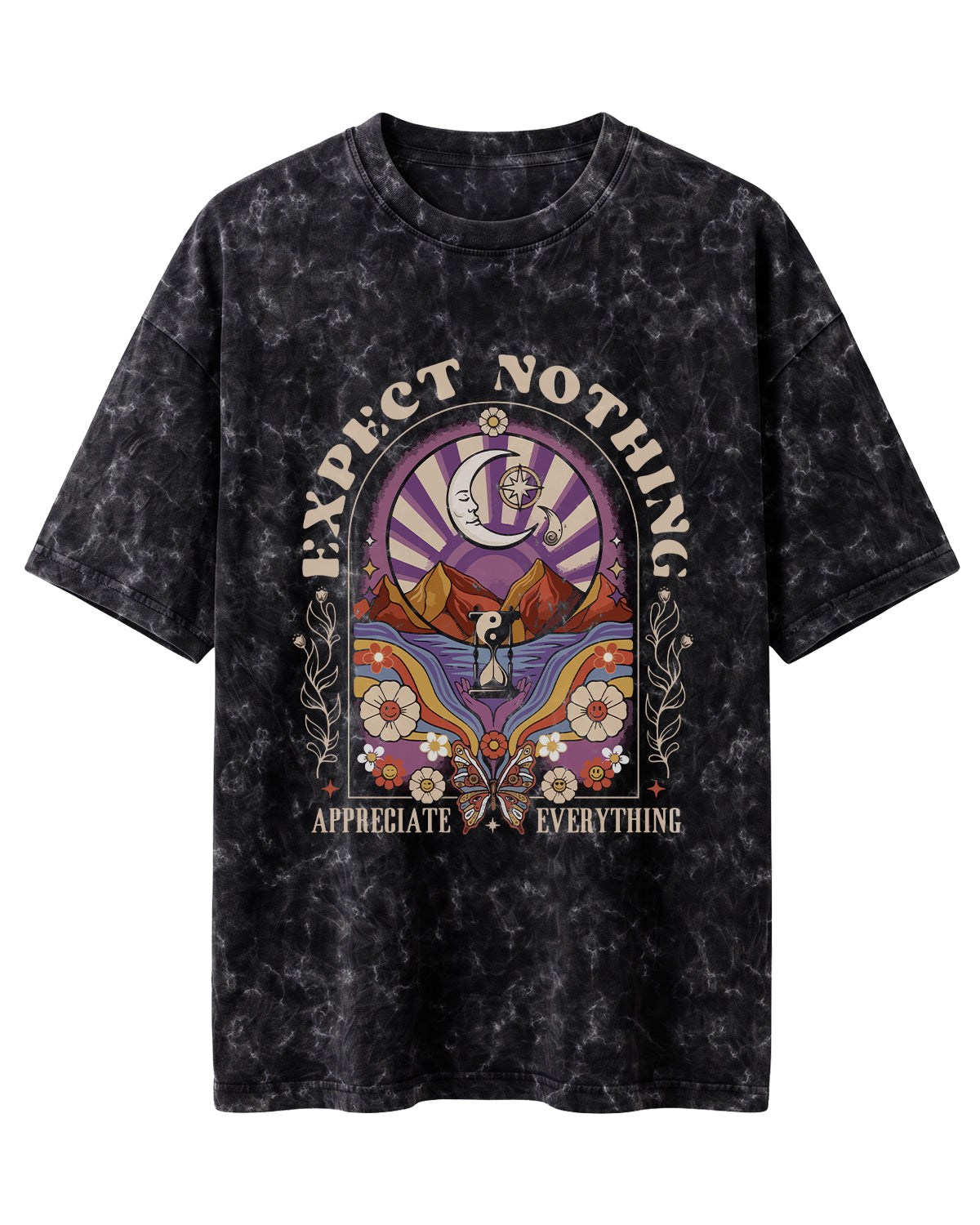 Oversized unisex acid washed t-shirt featuring “Expect Nothing” motivational typography print, crafted from 220 GSM cotton.