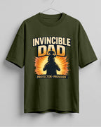 Oversized unisex t-shirt with “Invincible Dad Protector Provider” typography print, crafted from 220 GSM cotton, bio‑washed and pre‑shrunk.