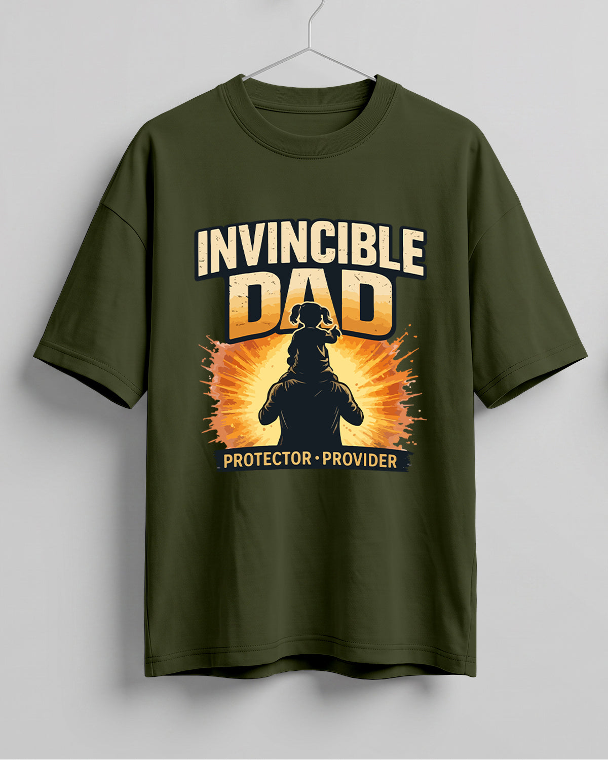 Oversized unisex t-shirt with “Invincible Dad Protector Provider” typography print, crafted from 220 GSM cotton, bio‑washed and pre‑shrunk.