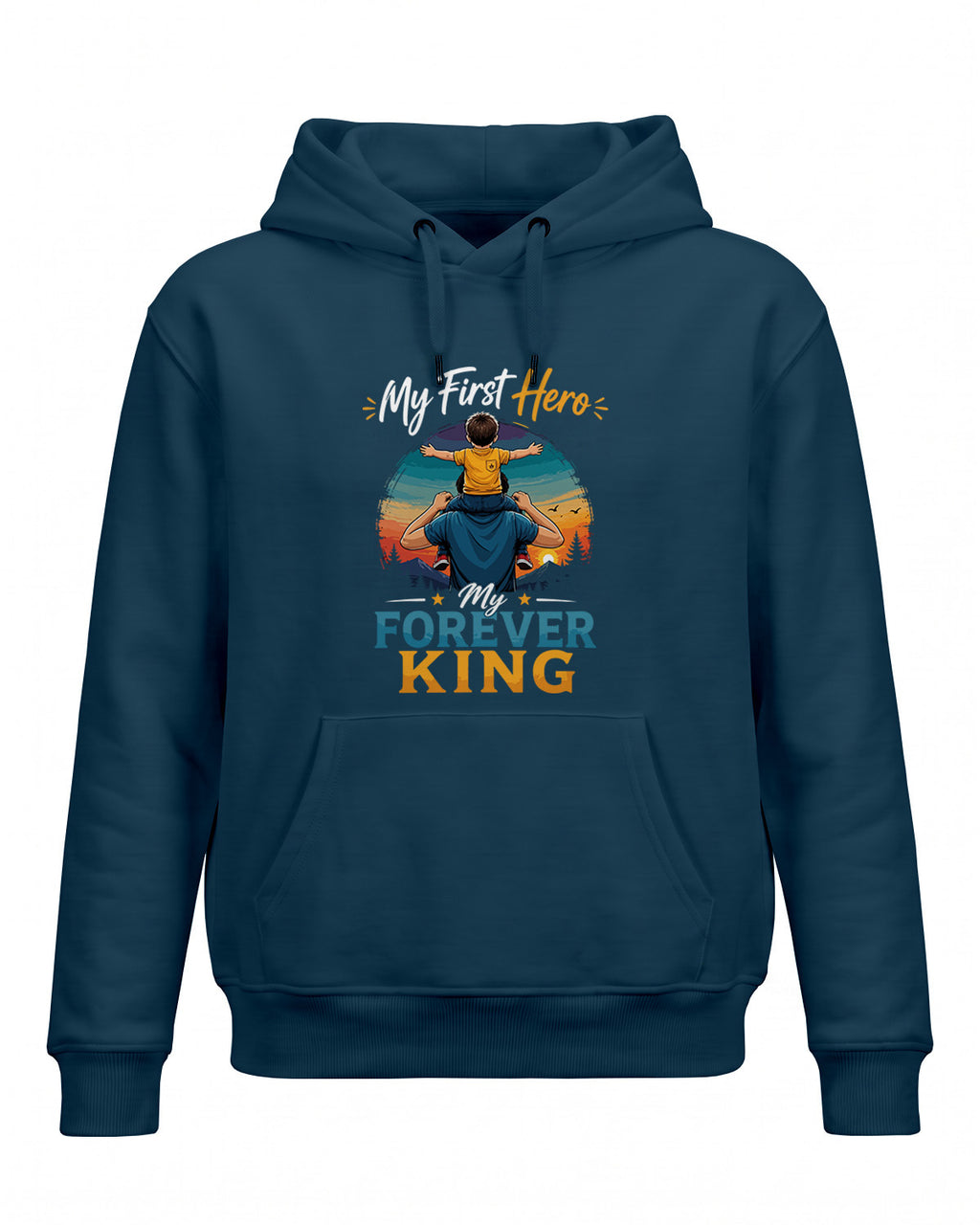 Xenovaurban graphic hoodie featuring father carrying his child on his shoulders illustration and “My First Hero, My Forever King” typography