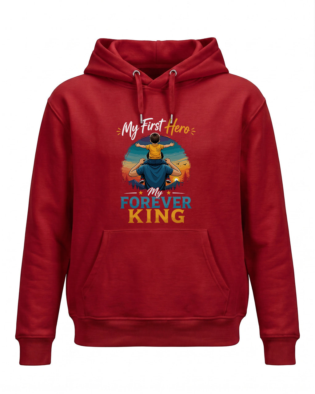 Xenovaurban graphic hoodie featuring father carrying his child on his shoulders illustration and “My First Hero, My Forever King” typography