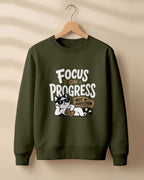 Motivational graphic sweatshirt featuring relaxed cat wearing sunglasses artwork with Focus on Progress, Not Perfection quote printed on cotton fabric