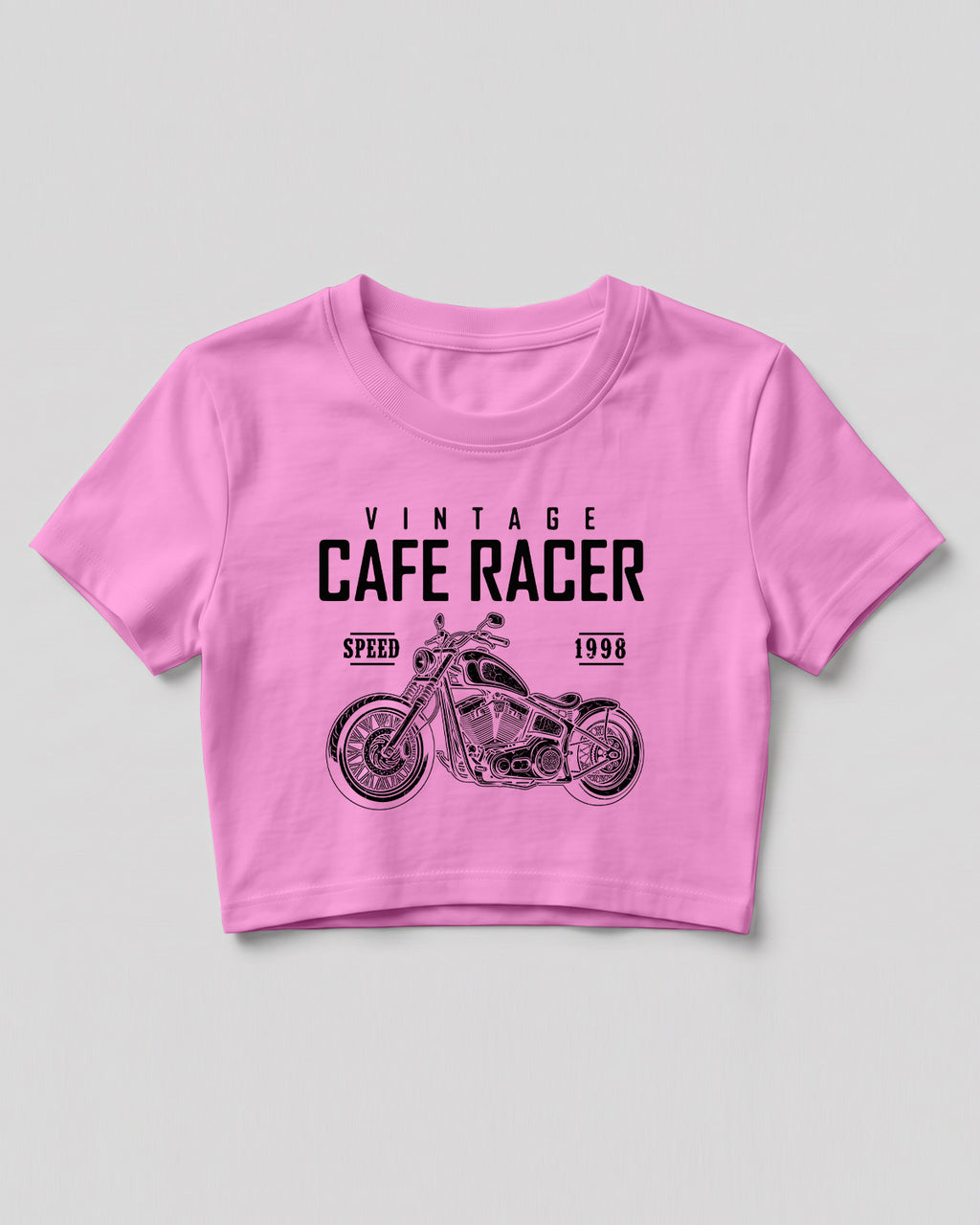 Xenovaurban crop top featuring a vintage cafe racer motorcycle illustration with retro racing-inspired typography