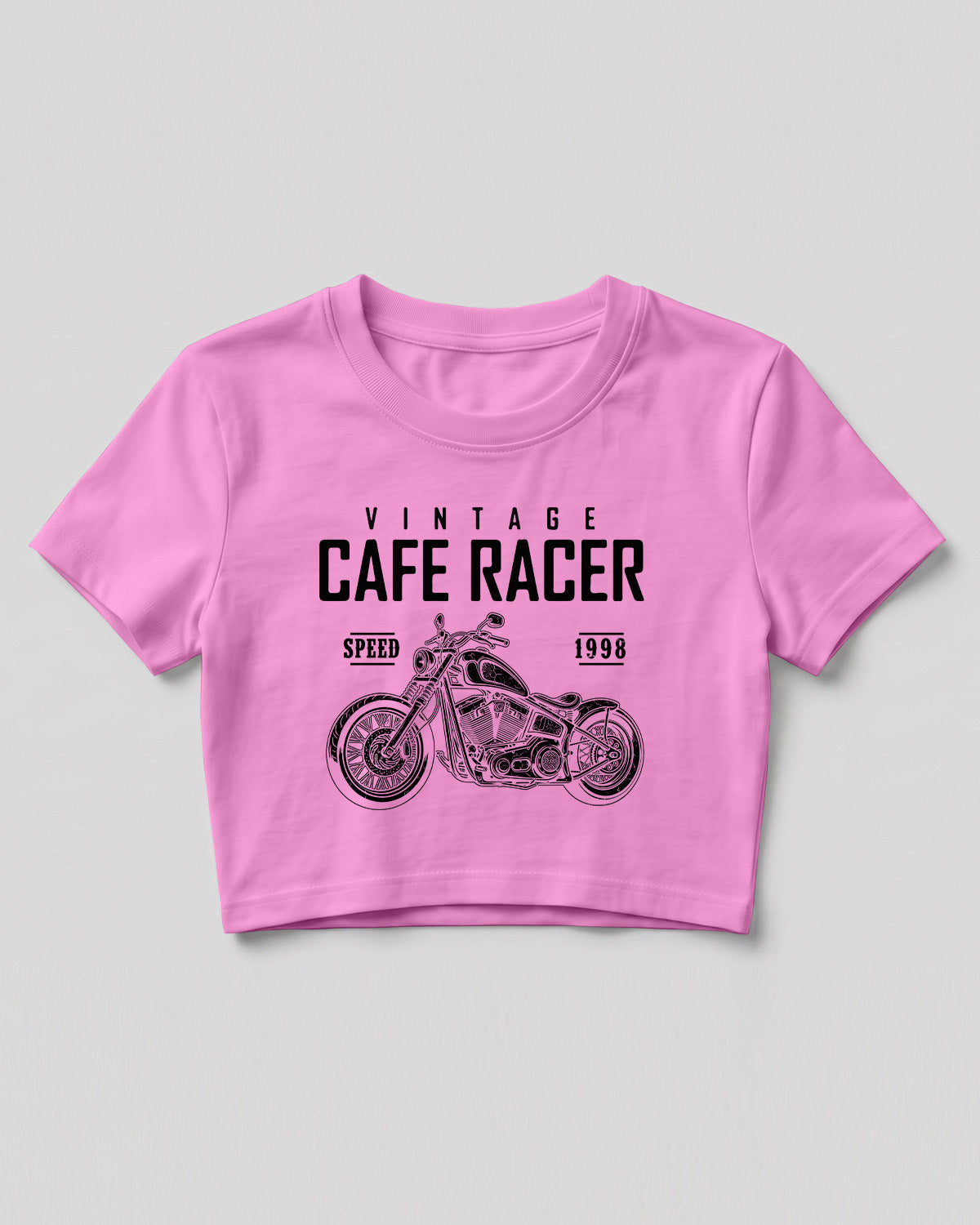 Xenovaurban crop top featuring a vintage cafe racer motorcycle illustration with retro racing-inspired typography