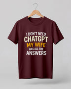 Xenovaurban navy blue funny quote T-shirt featuring “I Don’t Need ChatGPT, My Wife Has All the Answers” typography