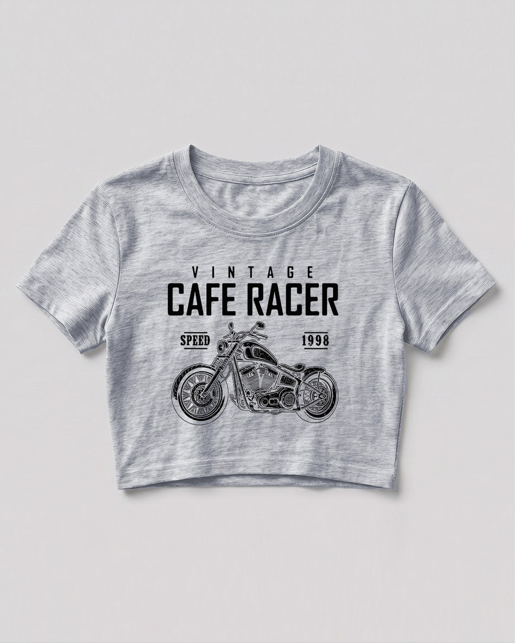 Xenovaurban crop top featuring a vintage cafe racer motorcycle illustration with retro racing-inspired typography