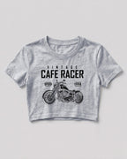 Xenovaurban crop top featuring a vintage cafe racer motorcycle illustration with retro racing-inspired typography