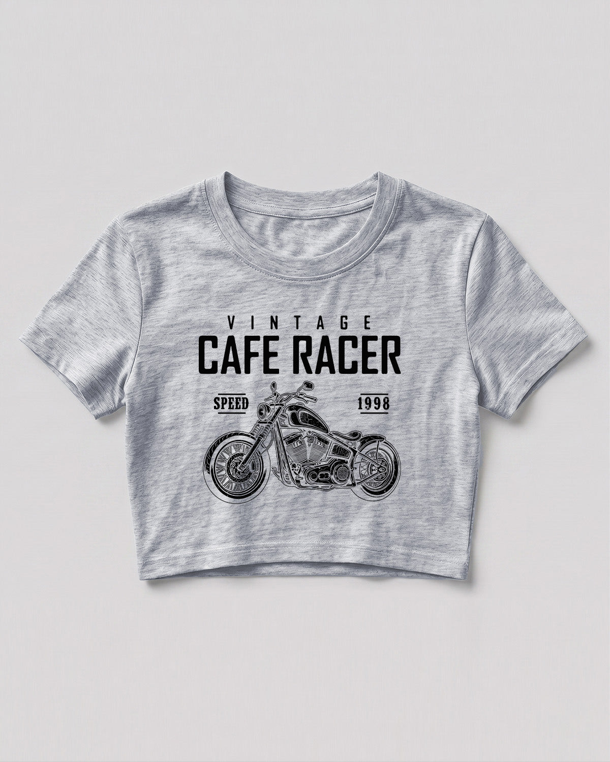 Xenovaurban crop top featuring a vintage cafe racer motorcycle illustration with retro racing-inspired typography