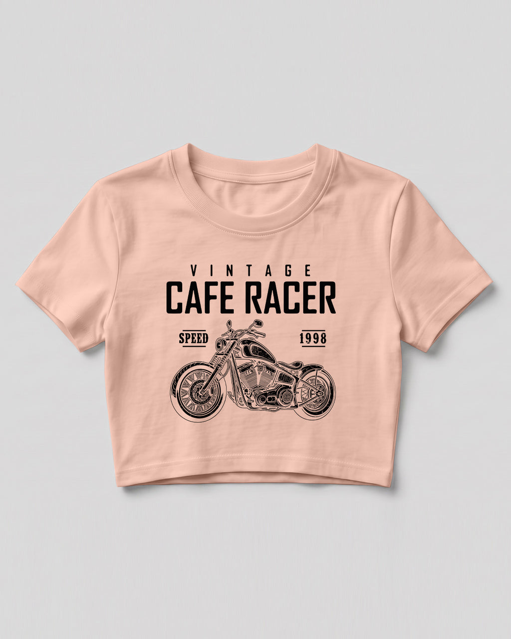 Xenovaurban crop top featuring a vintage cafe racer motorcycle illustration with retro racing-inspired typography