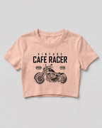 Xenovaurban crop top featuring a vintage cafe racer motorcycle illustration with retro racing-inspired typography
