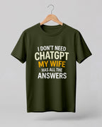 Xenovaurban navy blue funny quote T-shirt featuring “I Don’t Need ChatGPT, My Wife Has All the Answers” typography