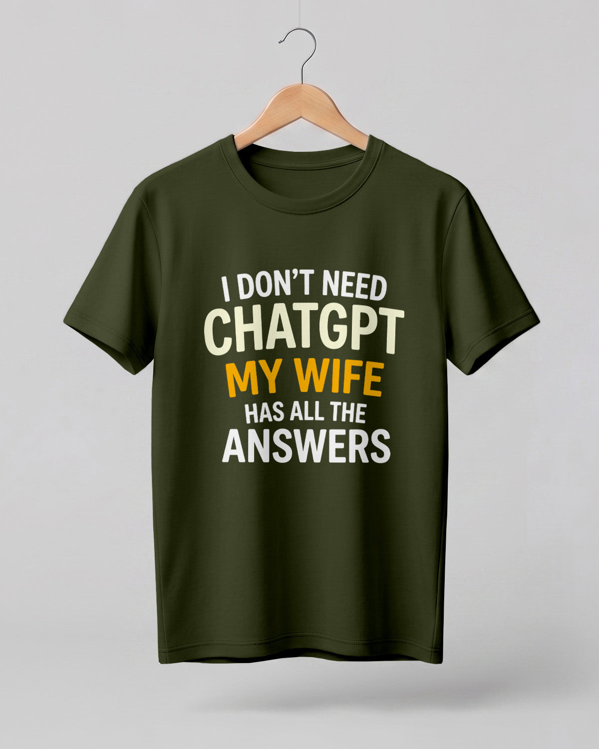 Xenovaurban navy blue funny quote T-shirt featuring “I Don’t Need ChatGPT, My Wife Has All the Answers” typography