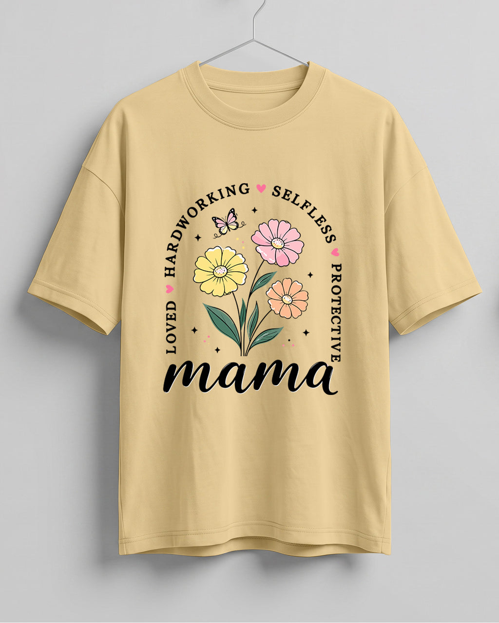 Xenovaurban oversized graphic T-shirt featuring Mama typography, colourful flowers, and words celebrating a mother's love and care
