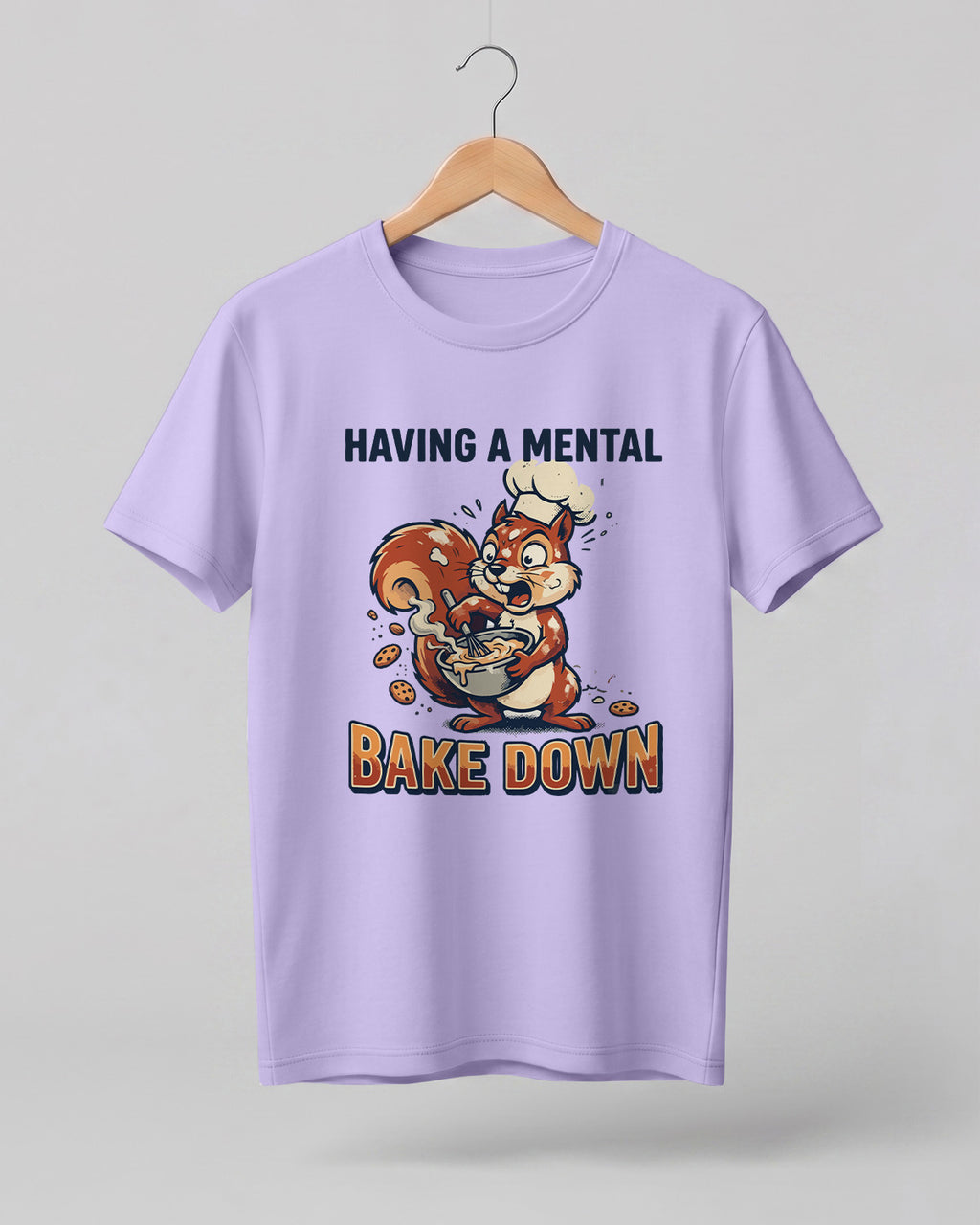 Foodie graphic half sleeve t-shirt featuring cartoon squirrel baking illustration with “Having a Mental Bake Down” typography printed on premium cotton fabric.